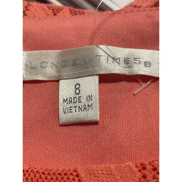 London Times Coral Lace Floral Dress Size 8 3/4 Sleeve Scoop Neck Fully Lined - Picture 5 of 6